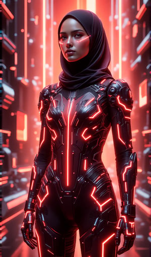 In a long-shot, a matte polycarbonate surface stretches out, reflecting the translucent, black-red armoured suit worn by a girl. The suit's intricate details and vibrant hue blend seamlessly with the reflective material, as if the wearer's cybernetic skin is merging with the environment. Soft, ethereal lighting highlights the translucent elements, casting subtle shadows that add depth to the scene. The composition is centered, focusing on the girl's form within the armoured suit, her cyberpunk hijab a striking feature amidst the dark lord armour.