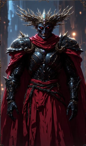  male warrior wearing armor made of black human hand fragments, red robe, wearing a crystal skull crown,creepy_hand_pose,nighmare,pose,cip4rf,Hand,weird_futuristic_fashion,Fantasy detailers ,creepy_hand_pose,nighmare,pose,weird_futuristic_fashion,mythp0rt,Fantasy Regal Artgem