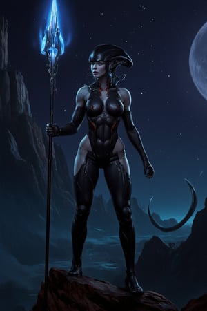 ultrarealistic extremely tall model pretty and sexy vantablack female xenomorph alien wearing a goddessr outfit while standing on a cliff edge on a mysterious unique color extremelyrealistic planet at night,realistic  long spear glowing at the tip,show teeth,illustrated,lucy_flux