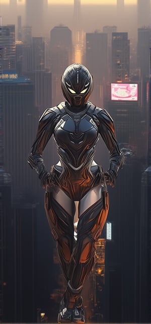 A sweeping aerial shot frames the cyborg warrior's statuesque pose amidst a kaleidoscopic cityscape at dusk. Soft, golden light casts long shadows across sleek skyscrapers and neon-lit billboards as she stands tall, her exo-keleton glistening with metallic sheen. Her eyes aglow seem to pierce the horizon, while BionicSkin reflects polished steel's shine in the fading light, set against a vibrant backdrop of city lights and towering architecture, with towering skyscrapers and bustling streets below.