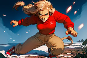 score_9, score_8_up, score_7_up, score_6_up, score_5_up, score_4_up, a girl in a  red sweater fighting a lion