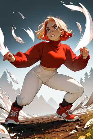 score_9, score_8_up, score_7_up, score_6_up, score_5_up, score_4_up, a girl in a  red sweater fighting a giant whitr cat