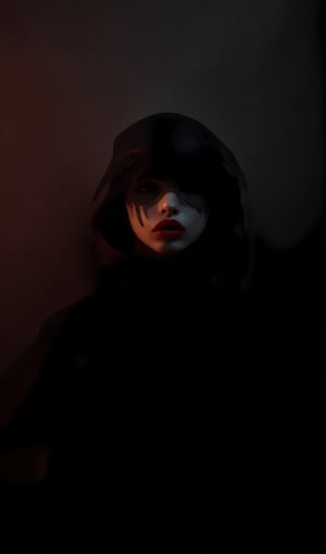 A lone figure bathes in darkness, her enigmatic presence illuminated by bold, crimson lips. Silhouetted against a deep, mysterious background, she radiates an otherworldly aura. The frame is eerily intimate, with the subject's pose and abstract surroundings conjuring a dreamlike atmosphere. Soft focus, shallow depth of field, and warm lighting envelop the viewer, inviting them into this surreal cinematic world.