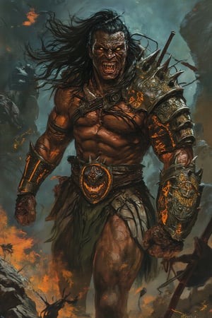 A barbarian warrior, the fourth sister of a mysterious clan, stands tall and muscular, ready to charge into battle. Her giant physique radiates power as she dons animal skin armor, adorned with sharp fangs and glowing spider-inspired details that seem to pulse with a savage energy. Her angry gaze burns with an inner fire, as if fueled by the Spider spirit within her.,ct-skyzo_identity,vintage comic book cover,1950s pulp art style