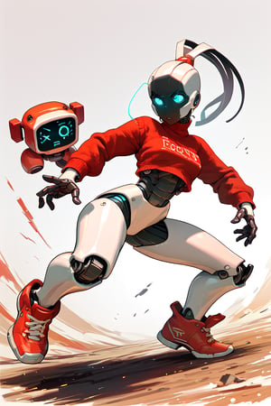 1girl, 1robot, score_9, score_8_up, score_7_up, score_6_up, score_5_up, score_4_up, a girl in a  red sweater fighting with a robot