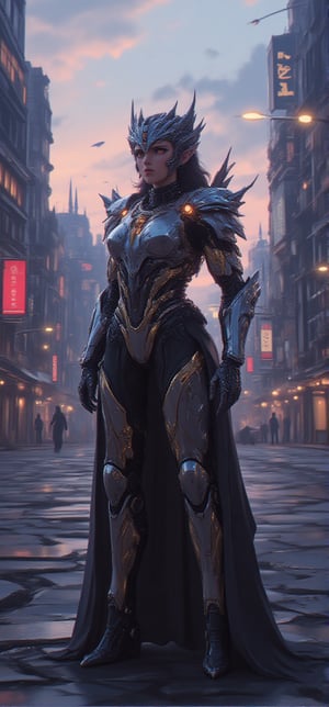 A futuristic cityscape at dusk. A cyborg warrior, half-girl, half-animal, stands tall with an exo-keleton, its mechanical limbs glistening in the fading light. Her BionicSkin gleams like polished steel as she gazes out upon a distant horizon, her eyes aglow with an inner fire. Fantasy_ master_023 has crafted this mechanized marvel amidst towering skyscrapers and neon-lit streets, where humanity meets technological innovation.,Fantasy Regal Artgem