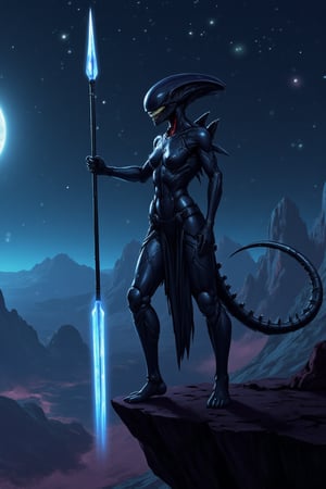 ultrarealistic extremely tall model pretty and sexy vantablack female xenomorph alien wearing a goddessr outfit while standing on a cliff edge on a mysterious unique color extremelyrealistic planet at night,realistic  long spear glowing at the tip,show teeth,illustrated,lucy_flux