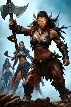 A close-up shot of the barbarian woman's intense face, her eyes blazing with fury as she brandishes a menacing war axe. Her massive physique is accentuated by animal skin armor that appears almost too small for her towering frame. The Spider spirit animates her movements, as if she's about to pounce on her prey. Her fourth sister looms in the background, equally imposing and fierce, ready to join the battle.