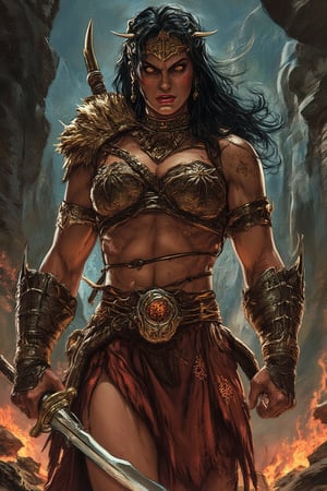 A barbarian warrior, the fourth sister of a mysterious clan, stands tall and muscular, ready to charge into battle. Her giant physique radiates power as she dons animal skin armor, adorned with sharp fangs and glowing spider-inspired details that seem to pulse with a savage energy. Her angry gaze burns with an inner fire, as if fueled by the Spider spirit within her.,ct-skyzo_identity,vintage comic book cover,1950s pulp art style