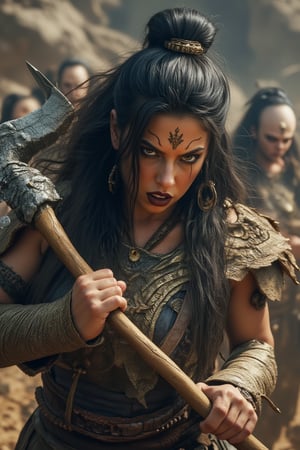 A close-up shot of the barbarian woman's intense face, her eyes blazing with fury as she brandishes a menacing war axe. Her massive physique is accentuated by animal skin armor that appears almost too small for her towering frame. The Spider spirit animates her movements, as if she's about to pounce on her prey. Her fourth sister looms in the background, equally imposing and fierce, ready to join the battle.