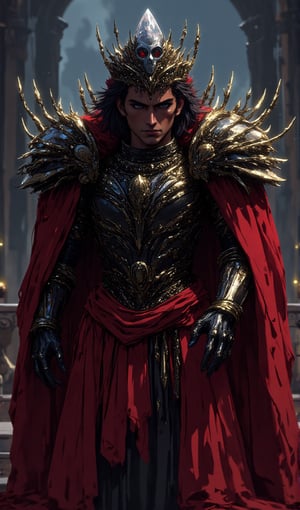  male warrior wearing armor made of black human hand fragments, red robe, wearing a crystal skull crown,creepy_hand_pose,nighmare,pose,cip4rf,Hand,weird_futuristic_fashion,Fantasy detailers ,creepy_hand_pose,nighmare,pose,weird_futuristic_fashion,mythp0rt,Fantasy Regal Artgem