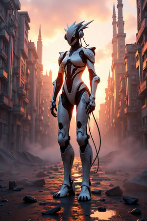 A stunning 4K cyberpunk-themed 3D render of a humanoid robot standing amidst the ruins of a dystopian metropolis at sunset. The robot, with its biomechanical design, combines metallic and organic elements for a unique, futuristic look. The cityscape boasts gothic architecture and sharp spires, casting dramatic shadows. A radiant, colored radial gradient of orange, pink, and purple hues dominates the background, while the soft lighting enhances the photorealistic texture of the scene. The image has been expertly crafted using ILM's Unreal Engine tech, evoking a cinematic and poster-worthy feel., poster, 3d render, cinematic,Cyberpunk.hanna,BionicSkin