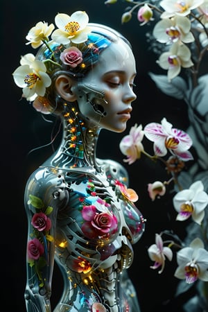 1girl,solo,"Transparent glass female cyborg. Skeleton and organs made of vibrant flowers. Mechanical joints visible. Heart of roses, lungs of hydrangeas, brain of orchids. Flowers spilling from slight cracks. Soft backlighting emphasizing transparency. Elegant pose. Simple futuristic background. Photorealistic style with high detail on glass and floral elements.",Clear Glass Skin,tranzp,neon photography style