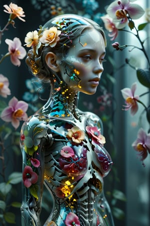 1girl,solo,"Transparent glass female cyborg. Skeleton and organs made of vibrant flowers. Mechanical joints visible. Heart of roses, lungs of hydrangeas, brain of orchids. Flowers spilling from slight cracks. Soft backlighting emphasizing transparency. Elegant pose. Simple futuristic background. Photorealistic style with high detail on glass and floral elements.",Clear Glass Skin,tranzp,neon photography style