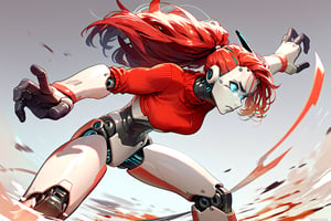 score_9, score_8_up, score_7_up, score_6_up, score_5_up, score_4_up, a girl in a  red sweater fighting a robot