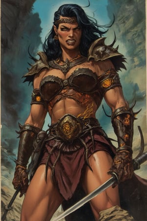 A barbarian warrior, the fourth sister of a mysterious clan, stands tall and muscular, ready to charge into battle. Her giant physique radiates power as she dons animal skin armor, adorned with sharp fangs and glowing spider-inspired details that seem to pulse with a savage energy. Her angry gaze burns with an inner fire, as if fueled by the Spider spirit within her.,ct-skyzo_identity,vintage comic book cover,1950s pulp art style