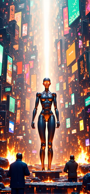 A sweeping aerial shot frames the cyborg warrior's statuesque pose amidst a kaleidoscopic cityscape at dusk. Soft, golden light casts long shadows across sleek skyscrapers and neon-lit billboards as she stands tall, her exo-keleton glistening with metallic sheen. Her eyes aglow seem to pierce the horizon, while BionicSkin reflects polished steel's shine in the fading light, set against a vibrant backdrop of city lights and towering architecture, with towering skyscrapers and bustling streets below.