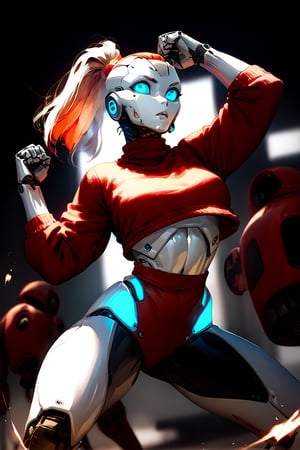 1girl, 1robot, score_9, score_8_up, score_7_up, score_6_up, score_5_up, score_4_up, a girl in a  red sweater fighting with a robot