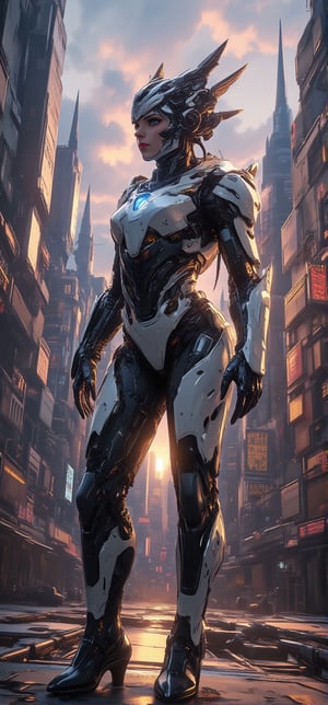 A futuristic cityscape at dusk. A cyborg warrior, half-girl, half-animal, stands tall with an exo-keleton, its mechanical limbs glistening in the fading light. Her BionicSkin gleams like polished steel as she gazes out upon a distant horizon, her eyes aglow with an inner fire. Fantasy_ master_023 has crafted this mechanized marvel amidst towering skyscrapers and neon-lit streets, where humanity meets technological innovation.