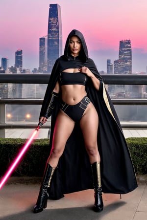 "A powerful female Jedi stands confidently, her flowing long hair cascading down her back as she bites the sword in mid-air. Her hooded cape billows behind her, echoing the iconic Sandworm's majestic form. The futuristic black armor accentuates her slender youthful figure, showcasing a midriff peak. In her hand, she holds a sleek pink lightsaber with a flowing silky line that complements her elegant attire. Against a backdrop of a modern, futuristic city, the scene exudes timeless elegance and power. Her full-body image captures her character's essence, adding a touch of romance. The setting sun casts a warm orange glow, with vividly colorful and cinematic light effects illuminating the space around her."
