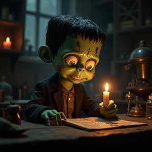 Dimly lit laboratory on a spooky Halloween night, candles flickering amidst old equipment and cobweb-covered shelves. Cute Frankenstein's monster, with bolts in his neck and stitches on his face, holds a small candle up to the light, casting an eerie glow across his features. His big, round eyes sparkle with curiosity as he peers into the flame.