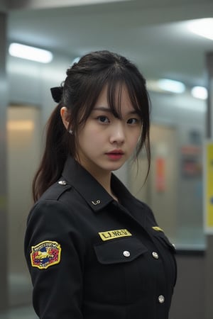 Cyberpunk female, airfield Commanders uniform, air force base, extra wide viewscreens,Asian girl,Nailgine