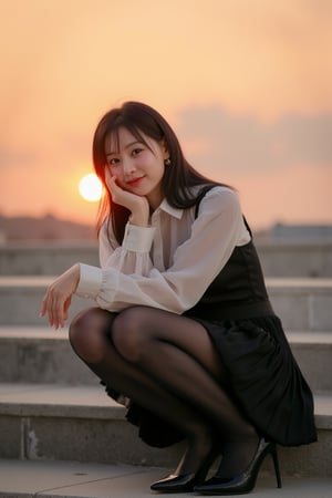 masterpiece, photorealistic, raw photo, Best quality, 8K, full body portrait, front body view, long shot, low angle, sunset time, delicate face without makeup, Korean, Japanese, small stature and slim figure, 165cm height, short hair, wear see-through blouse and pleated miniskirt, 30 denier black pantyhose, patent pumps, sitting on stair and rest chin on, smiling at viewer,KJW,young asian woman