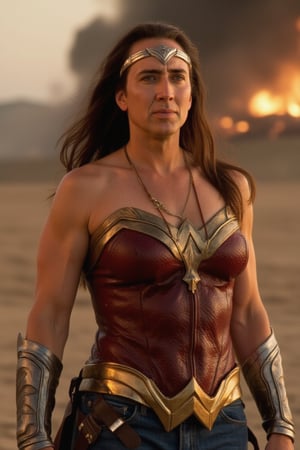 Nicolas Cage (nickcage) dressed as Wonder Woman (the costume is from the movie), (wonder woman tiara on his head) (his body looks like a woman's) (long hair) (small smile) ((looks at the viewer)), with the island of Themyscira in the background, a 35mm camera captures this epic scene in stunning 8K resolution, detailed background, sharp focus, proportional and beautiful, embodies the melancholic atmosphere of this big-budget production ((film production)), (((Masterpiece)))