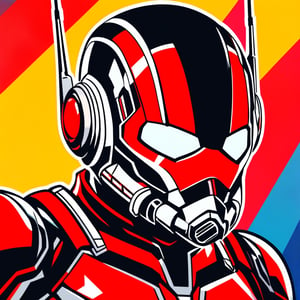 Portrait of Ant-Man (with the helmet on), the black and red suit (like the one in the MCU movie), pop-art style