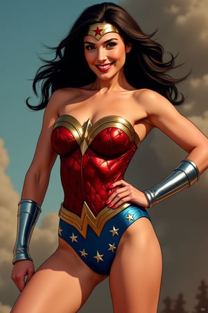 Wonder Woman (GalGadotFlux) looking at the viewer winking, the pose is with one arm showing biceps.