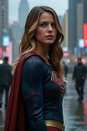 The picture shows SUPERGIRL (Melissa Benoist) in metropolis on a rainy day, she is wet, wet hair, (Best quality, 8k, 32k, raw photo, real life, photorealistic, UHD), realistic representation, detailed background, sharp focus, (((Masterpiece)))