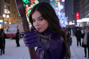 ((Hailee Steinfeld))) is wearing the purple colored (((Hawkeye))) costume from the MCU series (Hawkeye) ((kate bishop)) , ((aiming the bow and arrow at the spectator)), ((detailed hands)),(archer gloves), quiver, archery bow, (her beautiful face has a mischievous smile), (cowboy shot), (background is New York City on Christmas night), (christmas decorations),natural light, ambient light, night light, (((Christmas)))  its snowy, snow, winter, snow piled on the street, snowflakes, snowman,(people strolling), (ultra detailed face), ((body facing forward), (looks at viewer), An Imax camera captures this epic scene in stunning 8K resolution, Detailed background, sharp focus, proportional and beautiful, ((Film Production)), (((Masterpiece)))