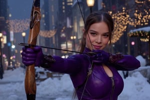 ((Hailee Steinfeld))) is wearing the purple colored (((Hawkeye))) costume from the MCU series (Hawkeye) ((kate bishop)) , ((aiming the bow and arrow at the spectator)), ((detailed hands)),(archer gloves), quiver, archery bow, (her beautiful face has a mischievous smile), (cowboy shot), (background is New York City on Christmas night), (christmas decorations),natural light, ambient light, night light, (((Christmas)))  its snowy, snow, winter, snow piled on the street, snowflakes, snowman,(people strolling), (ultra detailed face), ((body facing forward), (looks at viewer), An Imax camera captures this epic scene in stunning 8K resolution, Detailed background, sharp focus, proportional and beautiful, ((Film Production)), (((Masterpiece)))