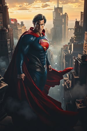 Superman, in a relaxed but confident pose, looks at the viewer with determination, the scenery is a beautiful and bustling Metropolis morning, (masterpiece), 8k