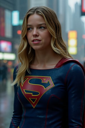 The picture shows SUPERGIRL (Milly Alcock) in metropolis on a rainy day, she is wet, wet hair, (Best quality, 8k, 32k, raw photo, real life, photorealistic, UHD), realistic representation, detailed background, sharp focus, (((Masterpiece)))