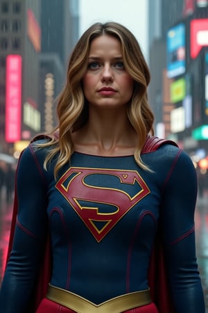 The picture shows SUPERGIRL in metropolis on a rainy day, she is wet, wet hair, (Best quality, 8k, 32k, raw photo, real life, photorealistic, UHD), realistic representation, detailed background, sharp focus, (((Masterpiece)))