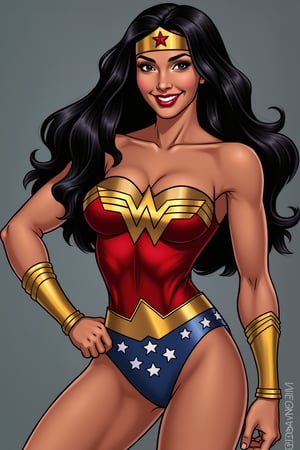 Wonder Woman (GalGadotFlux) smiling and (((winking))), bicep flexing pose.