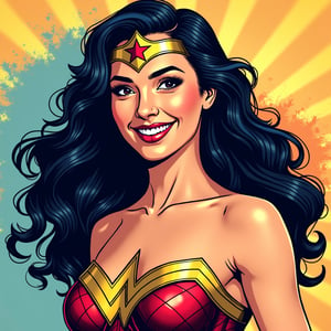 Portrait of Wonder Woman (GalGadotFlux), smiling, pop-art style, high quality, ultra quality, 8k, (((Masterpiece)))