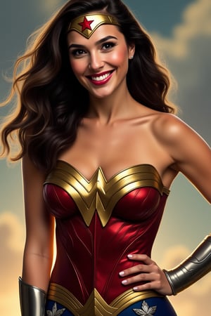 Wonder Woman (GalGadotFlux) looking at the viewer winking, the pose is with one arm showing biceps.