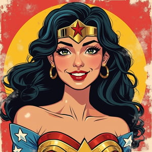 Portrait of Wonder Woman, smiling, pop-art style.