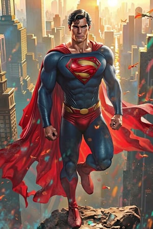 Superman, in a relaxed but confident pose, looks at the viewer with determination, the scenery is a beautiful and bustling Metropolis morning, (masterpiece)