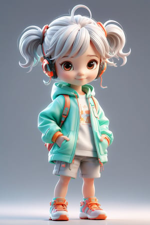 4d photographic image of full body image of a cute little chibi girl realistic, Normal child's fingers, Extra long casual top, Dwarf figure, mid short hair, Silver white earphones, Hand in pocket, vivid colors octane render trending, Lartistic photography, photorealistic concept art, soft natural volumetric cinematic perfect light, UHD no background, 3d render, Disney style