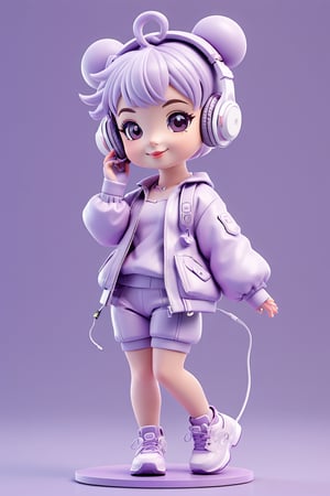 full body,Cute girl,short hair,lilac colour hair,Complete human fingers,happy,wearing sportswear,Lolita,Music earphones,Side by side,Popmart toy style,lilac colour background,a  large faces, A small body, Working with Macbook Air,3D,blender,c4d,3S material,best quality,8k,HD