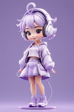 full body,Cute girl,short hair,lilac colour hair,happy,Music earphones,Side by side,skirt,Popmart toy style,lilac colour background,a  large faces, A small body, Working with Macbook Air,3D,blender,c4d,3S material,best quality,8k,HD