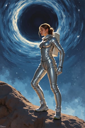 (black hole), A celestial odyssey unfolds as a stunning woman in futuristic astronaut garb stands at the edge of a swirling black hole. Her silver suit glistens against the dark, starry background, while the gravity-warping vortex behind her distorts space-time. The astronaut's pose exudes confidence and determination, as if ready to confront the unknown. Mixed media brushstrokes blend digital painting with traditional textures, creating an otherworldly, dreamlike atmosphere. vp_grid, full body