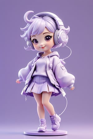 full body,Cute girl,short hair,lilac colour hair,happy,Music earphones,Side by side,short skirt,Extra long sleeves,Popmart toy style,lilac colour background,a  large faces, A small body, Working with Macbook Air,3D,blender,c4d,3S material,best quality,8k,HD