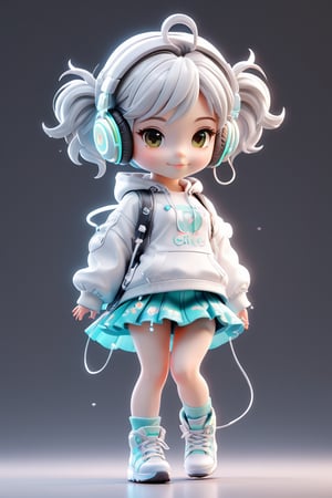 4d photographic image of full body image of a cute little chibi girl realistic, Personalized short skirt,mid short hair,Silver white earphones,vivid colors octane render trending on artstation, artistic photography, photorealistic concept art, soft natural volumetric cinematic perfect light, UHD no background