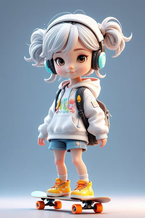 4d photographic image of full body image of a cute little chibi girl realistic, Take the skateboard and insert it into the pocket, Normal child's fingers, Extra long casual top, Dwarf figure, mid short hair, Silver white earphones,vivid colors octane render trending, Lartistic photography, photorealistic concept art, soft natural volumetric cinematic perfect light, UHD no background, 3d render, Disney style