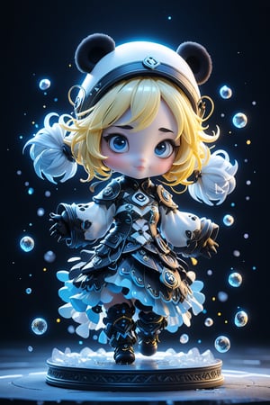 (cute panda girl), black and white tones, (masterpiece, best quality, ultra-detailed, best shadow), (detailed background, dark fantasy), (beautiful detailed face), high contrast, (best illumination, an extremely delicate and beautiful), ((cinematic light)), colorful, dramatic light, intricate details, yellow hair, sharp face, blue eyes, hair between eyes,dynamic angle), black gloves,  swirling black light around the character, depth of field, light particles, (broken glass), magic circle, Movie Still,Film Still, Cinematic Shot, EpicSky, chibi