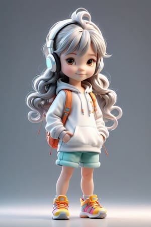 4d photographic image of full body image of a cute little chibi girl realistic, Normal child's fingers, Extra long casual top, Grey and white top, Dwarf figure, mid long hair, Silver white earphones, Hand in pocket, vivid colors octane render trending, Lartistic photography, photorealistic concept art, soft natural volumetric cinematic perfect light, UHD no background, 3d render, Disney style